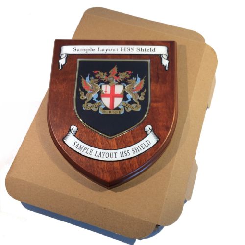 Presentation shield with shield shaped centrepiece and two seperate scrolls.